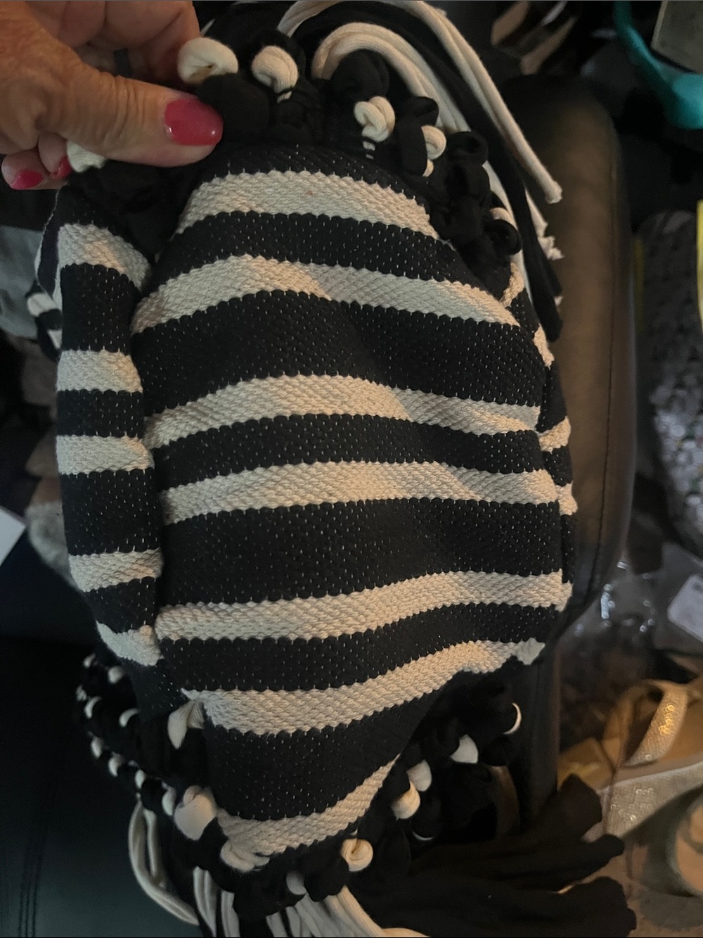 Black & White Striped Fringe Tote Bag - Picture 7 of 7
